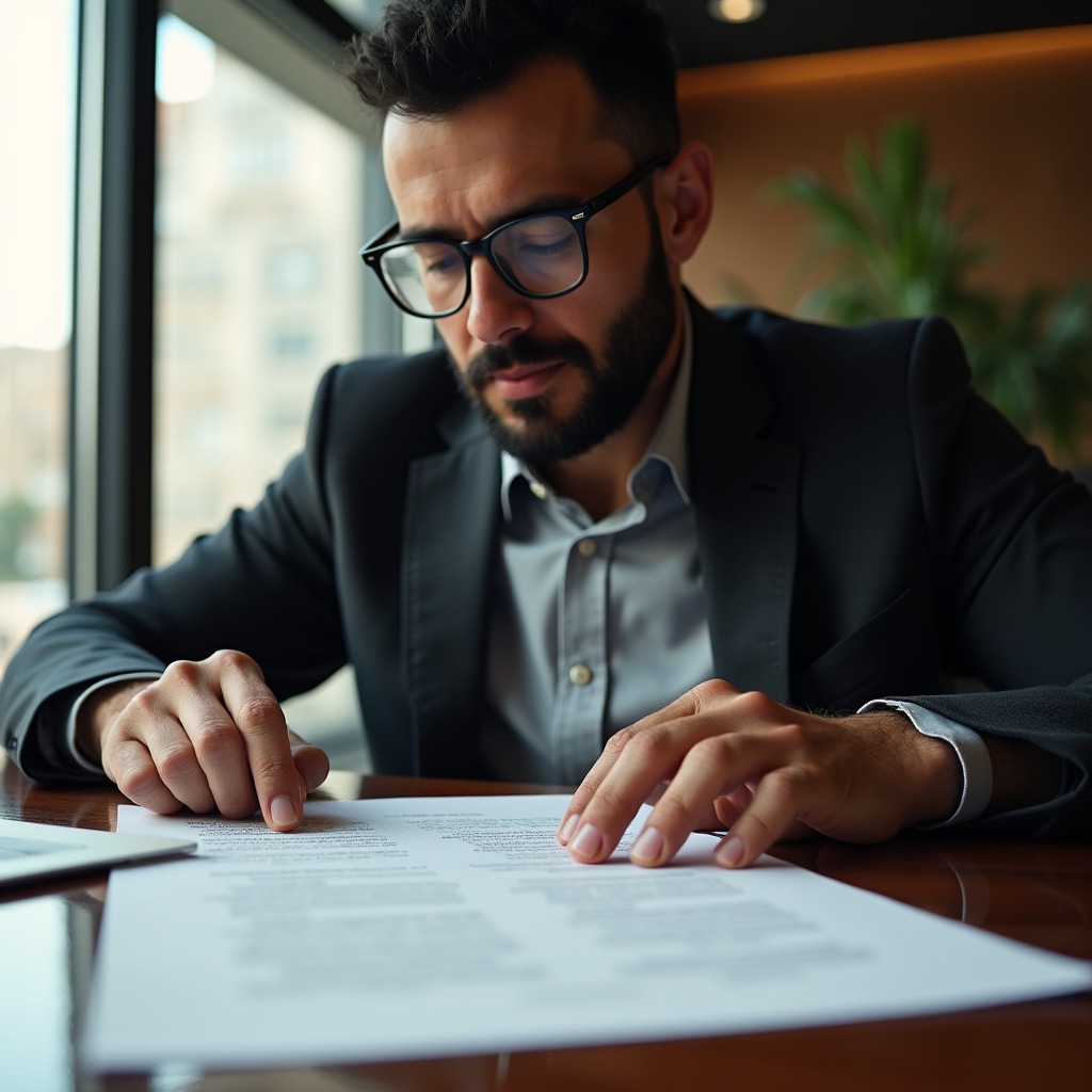 Individual reviewing participant rights documentation in real estate project context